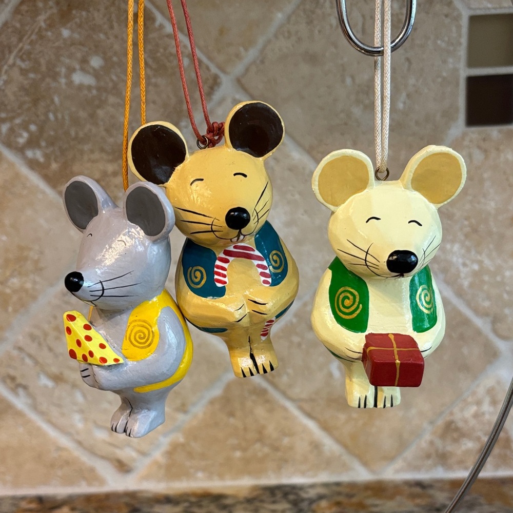 Vintage Painted Wooden Mouse Ornaments Set of 3